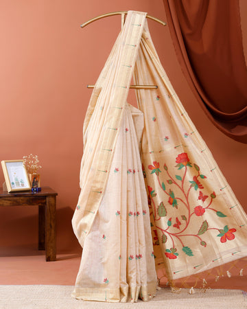 Handwoven Paithani Saree with Zari Border and Intricate Floral Embroidery on Pallu - Sandal