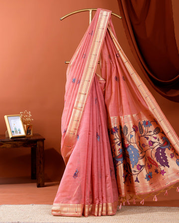 Exquisite Woven Paithani Saree with Traditional Peacock Motifs and Zari Border & Pallu - Pink