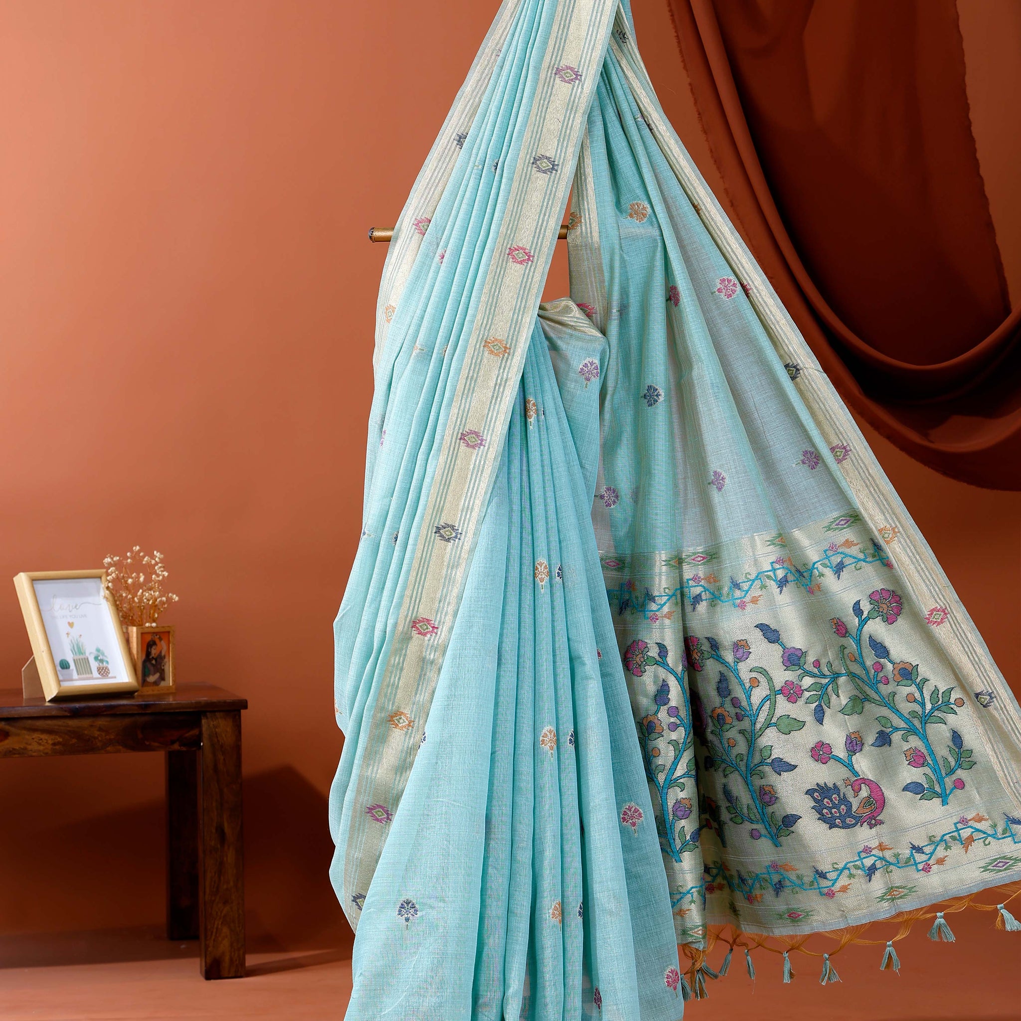 Handwoven Paithani Saree with Intricate Zari Work and Floral Motifs  - Blue