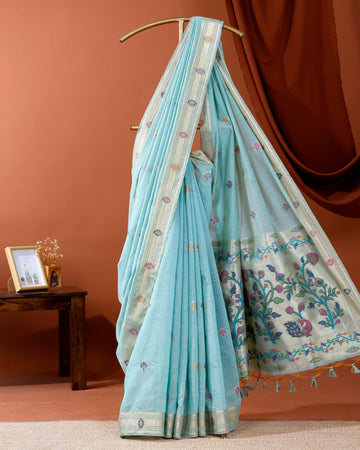 Handwoven Paithani Saree with Intricate Zari Work and Floral Motifs  - Blue