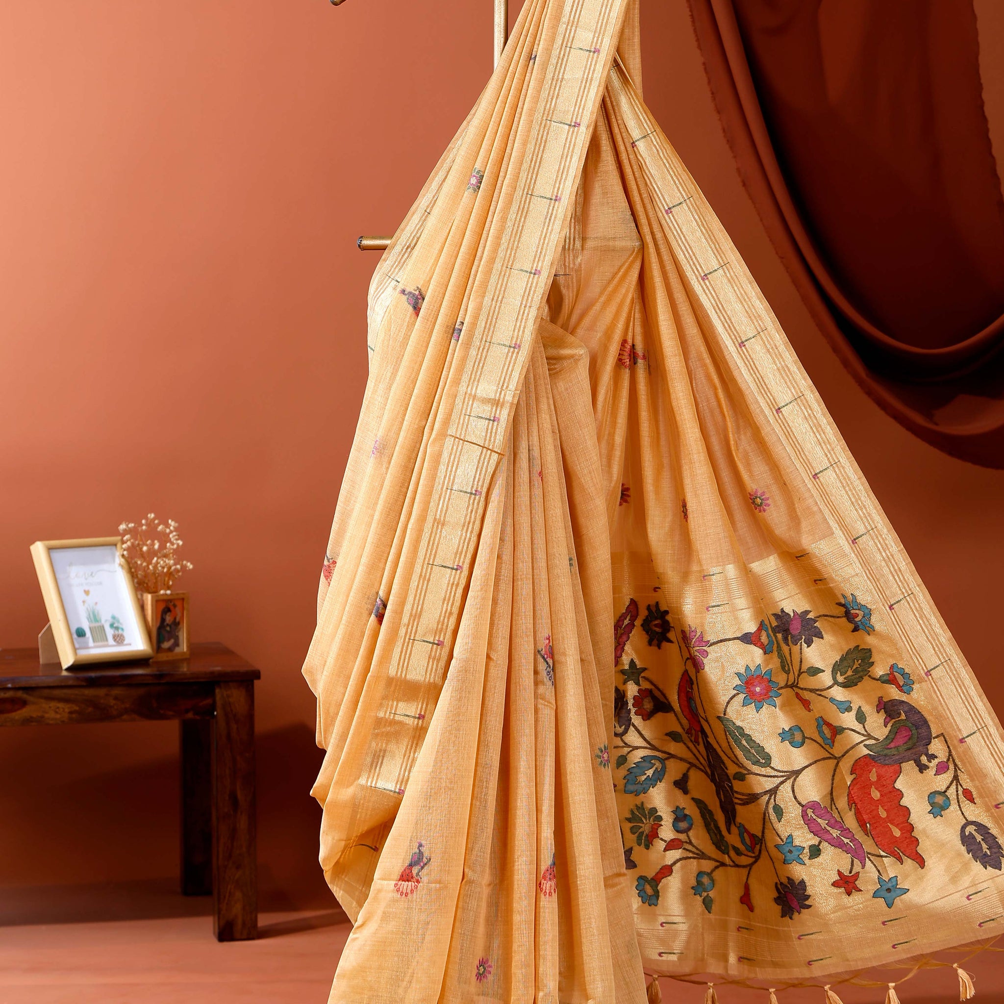 Elegant Paithani Saree with Intricate Handwoven Motifs and Traditional Floral Pallu - Sandal