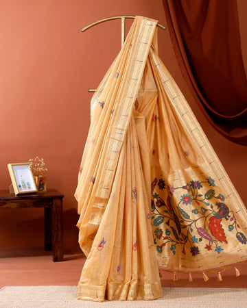 Elegant Paithani Saree with Intricate Handwoven Motifs and Traditional Floral Pallu - Sandal