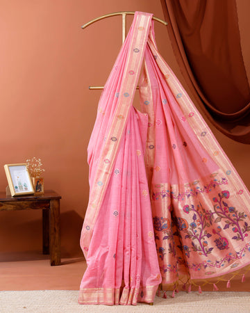 Traditional Paithani Saree with Handwoven Butta Design and Rich Floral Pallu - Pink