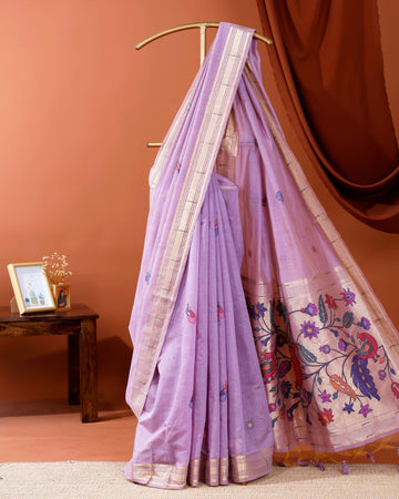 Exquisite Paithani Saree with Handwoven Peacock Motifs and Traditional Floral Pallu - Lavender
