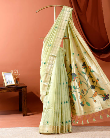 Traditional Paithani Saree with Handwoven Leaf Motifs and Rich Floral Pallu - Green