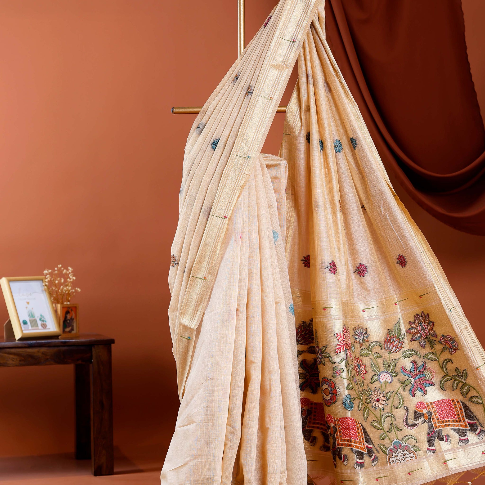 Traditional Paithani Saree with Handwoven Buttas and Majestic Elephant Motif Pallu - Sandal