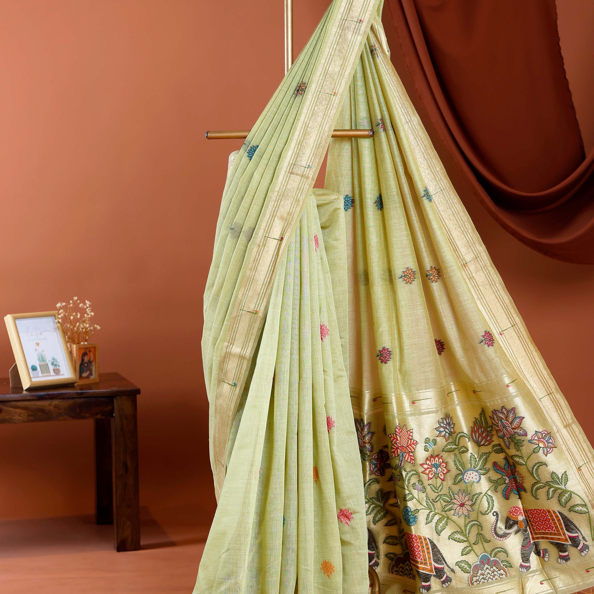 Traditional Paithani Saree with Handwoven Buttas and Majestic Elephant Motif Pallu - Green
