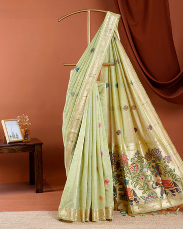 Traditional Paithani Saree with Handwoven Buttas and Majestic Elephant Motif Pallu - Green