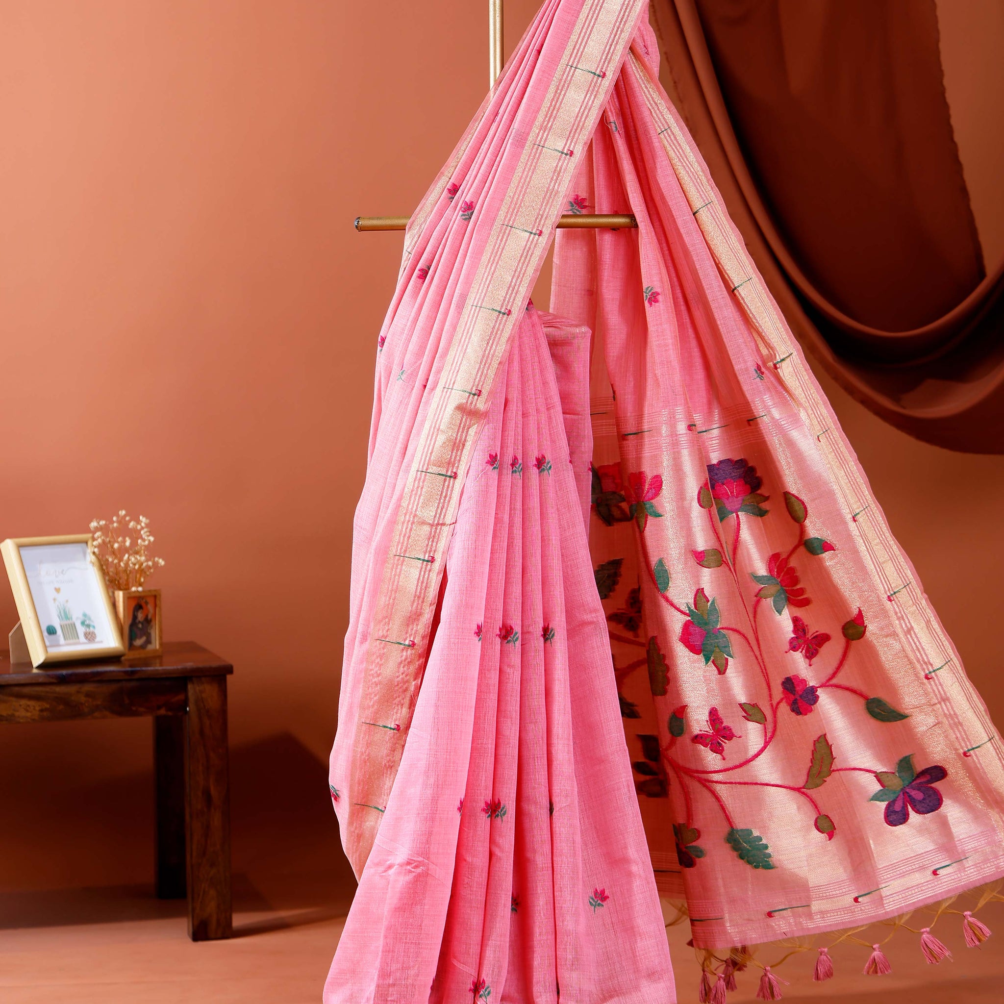 Handwoven Paithani Saree with Zari Border and Intricate Floral Embroidery on Pallu - Pink
