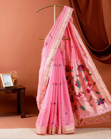 Handwoven Paithani Saree with Zari Border and Intricate Floral Embroidery on Pallu - Pink