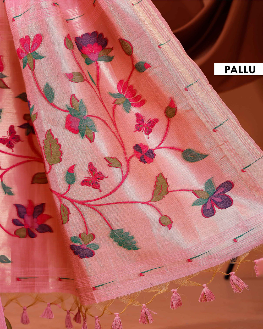 Handwoven Paithani Saree with Zari Border and Intricate Floral Embroidery on Pallu - Pink