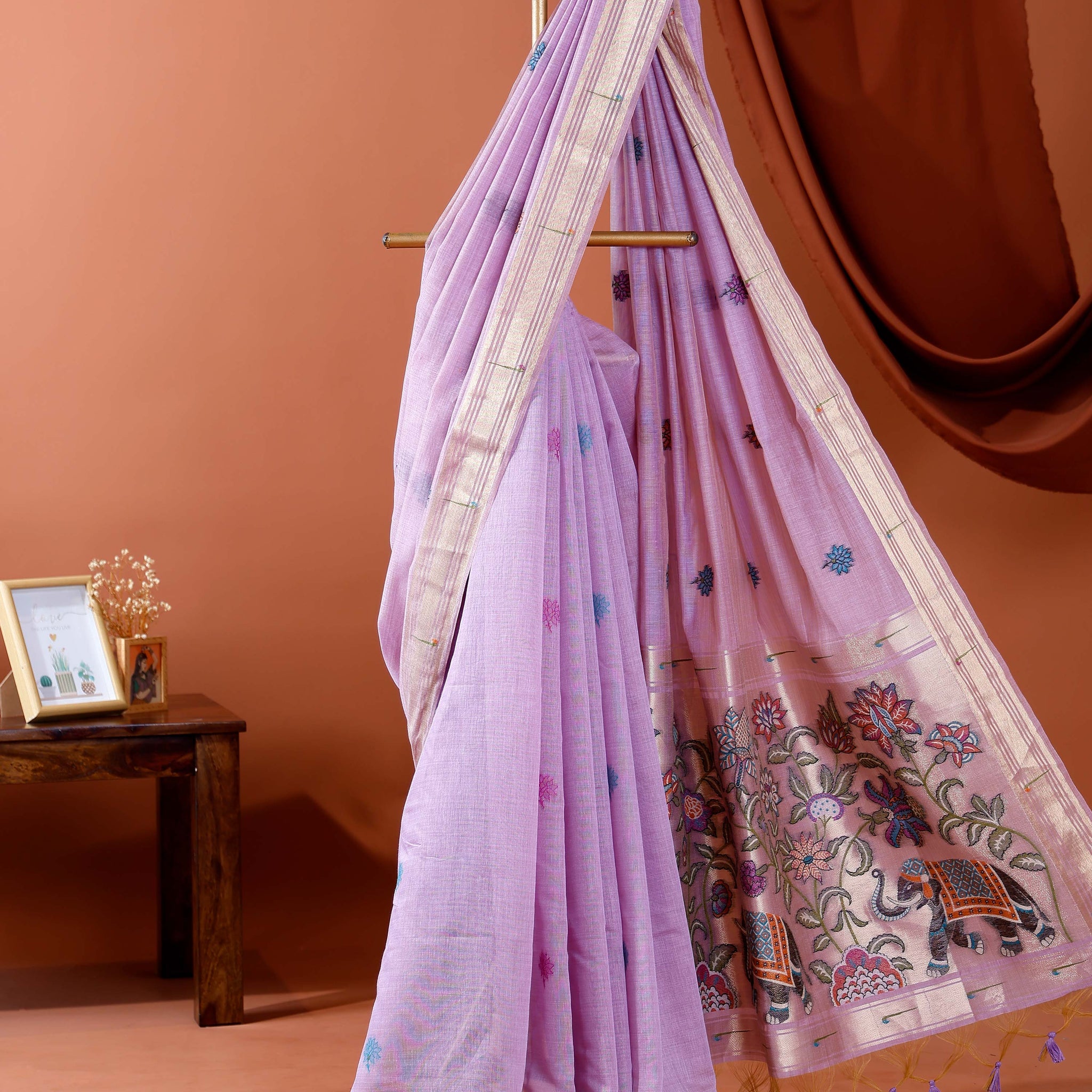 Traditional Paithani Saree with Handwoven Buttas and Majestic Elephant Motif Pallu - Lavender