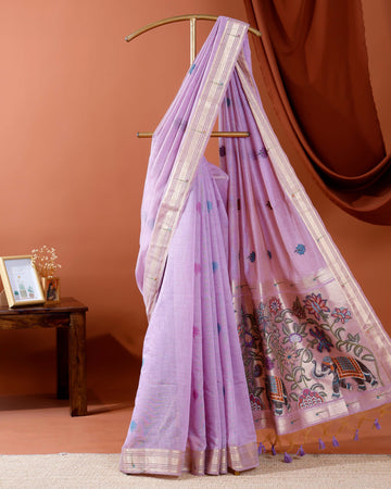 Traditional Paithani Saree with Handwoven Buttas and Majestic Elephant Motif Pallu - Lavender