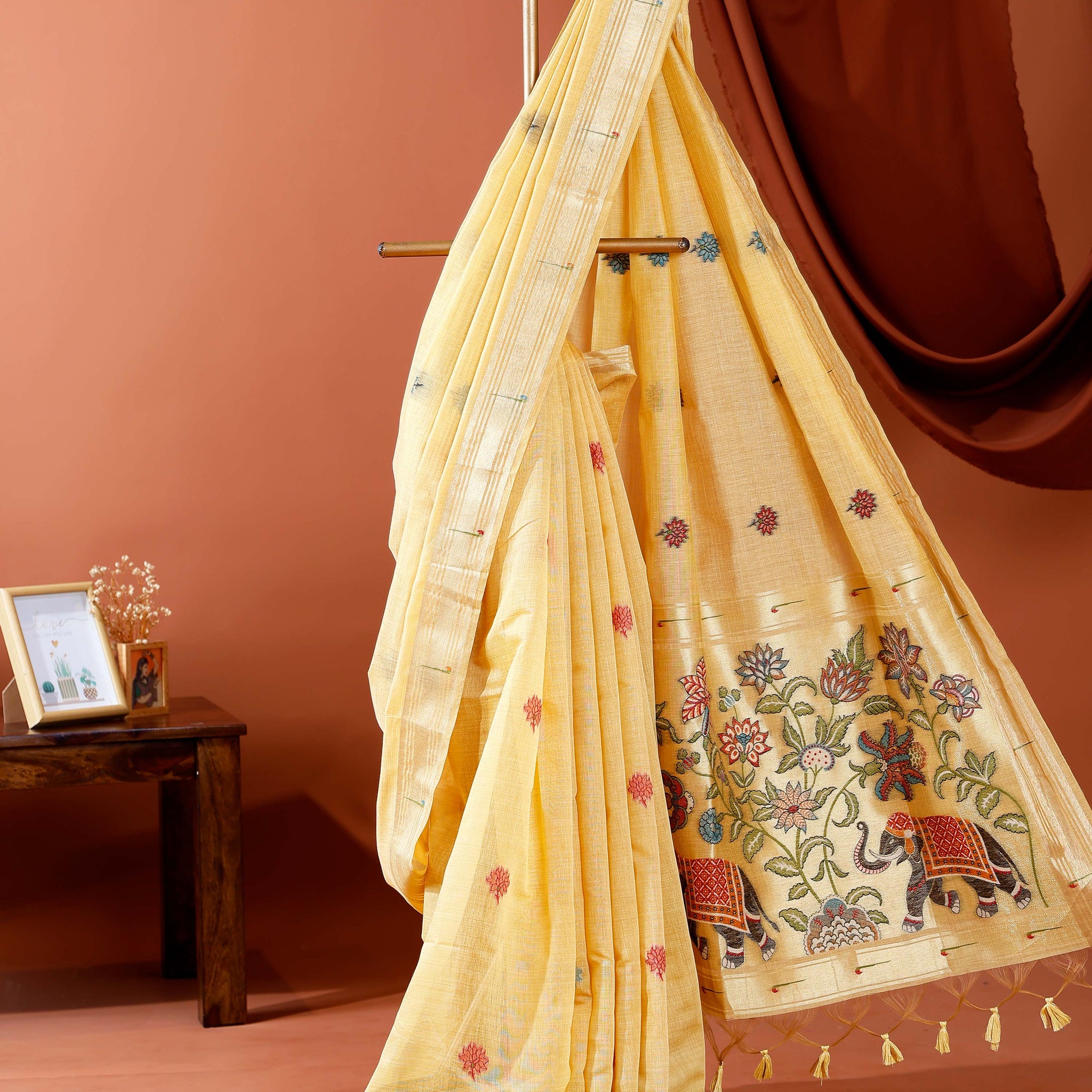 Traditional Paithani Saree with Handwoven Buttas and Majestic Elephant Motif Pallu - Yellow