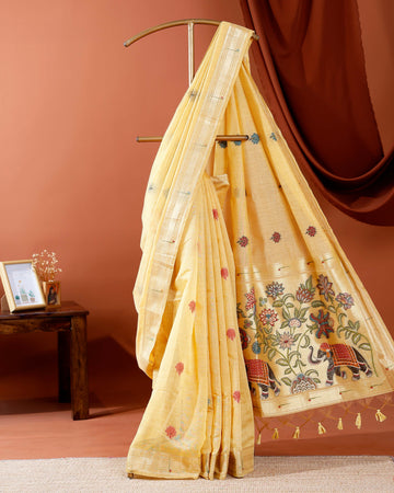 Traditional Paithani Saree with Handwoven Buttas and Majestic Elephant Motif Pallu - Yellow