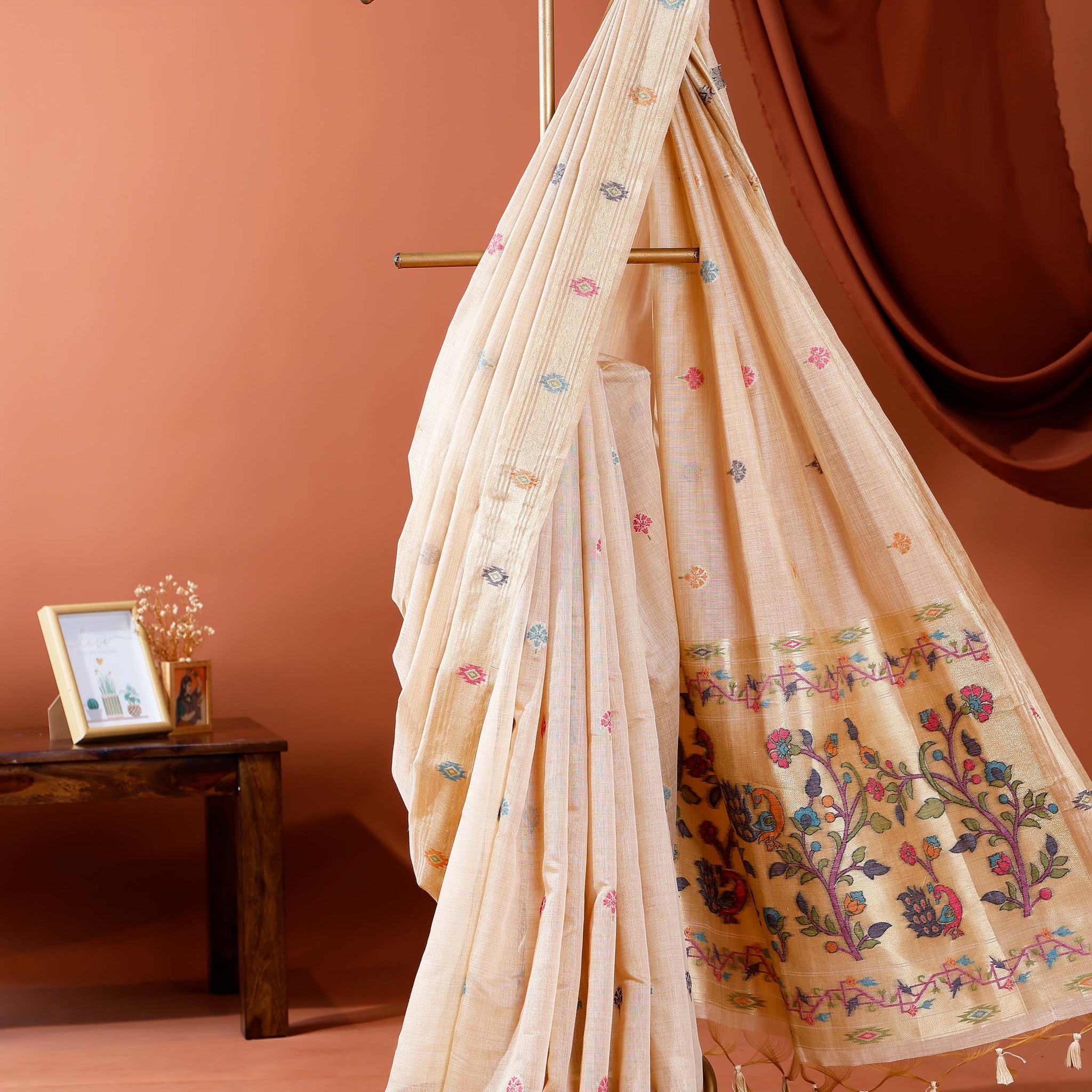 Traditional Paithani Saree with Handwoven Buttas and Intricate Floral Pallu - Sandal