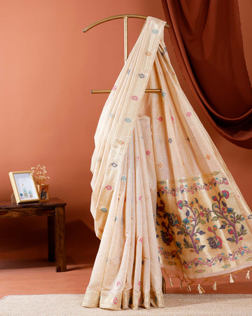 Traditional Paithani Saree with Handwoven Buttas and Intricate Floral Pallu - Sandal