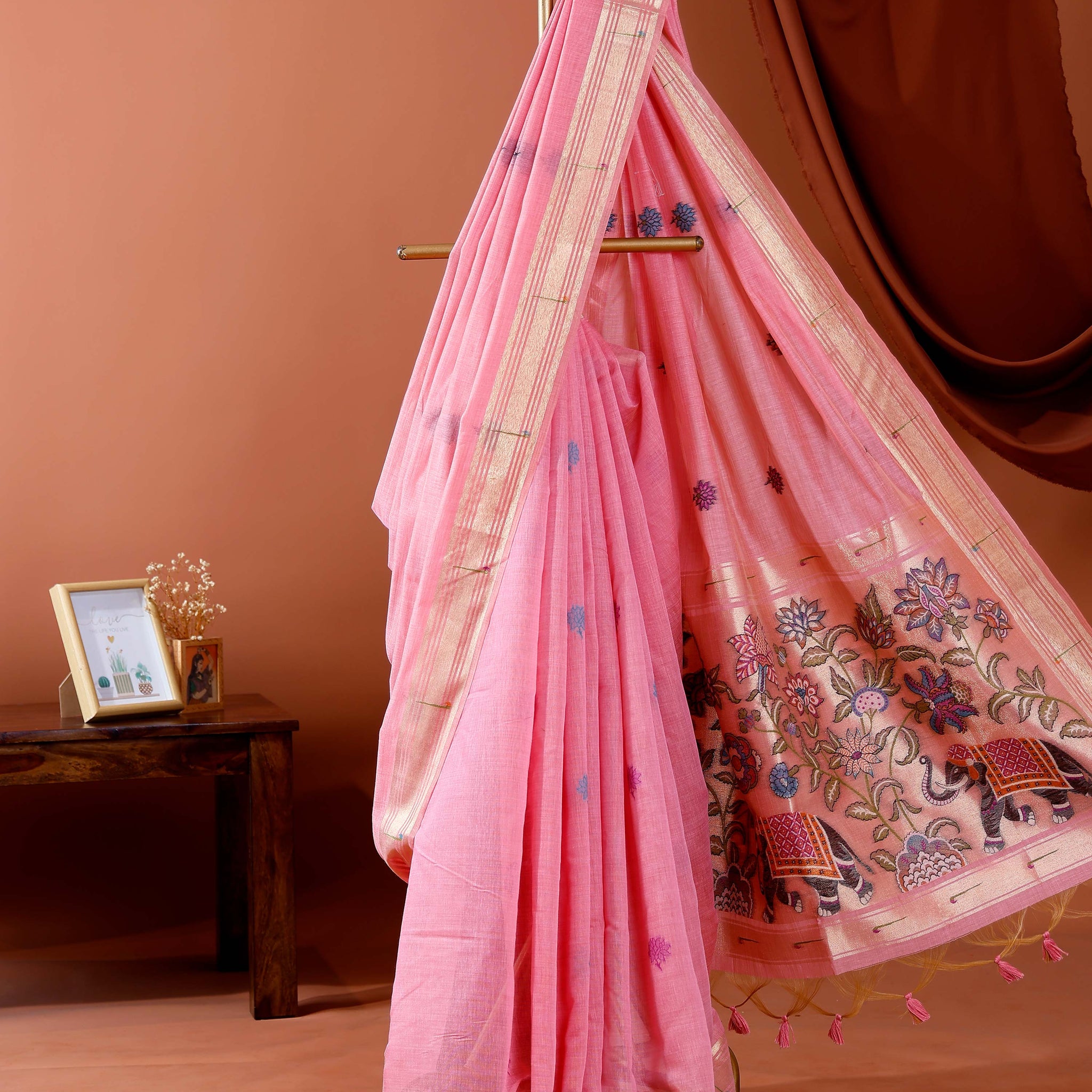 Traditional Paithani Saree with Handwoven Buttas and Majestic Elephant Motif Pallu - Pink