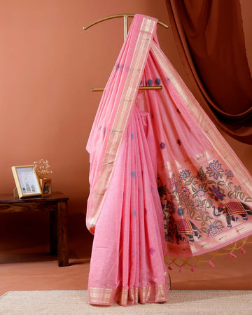 Traditional Paithani Saree with Handwoven Buttas and Majestic Elephant Motif Pallu - Pink