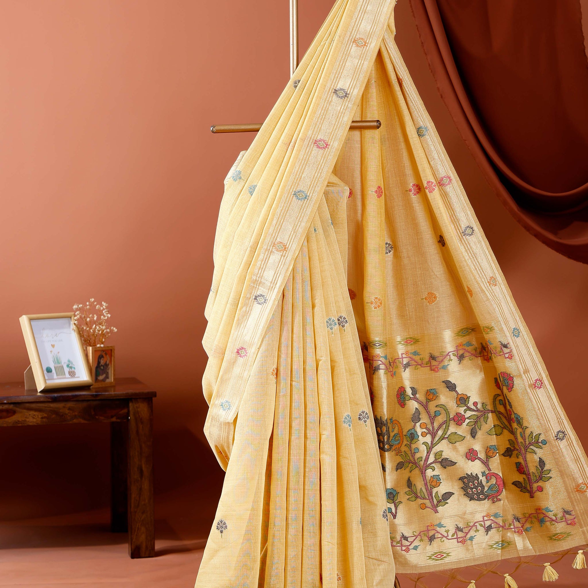 Traditional Paithani Saree with Handwoven Buttas and Intricate Floral Pallu - Yellow
