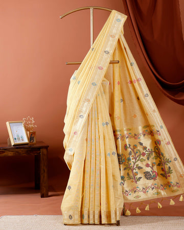 Traditional Paithani Saree with Handwoven Buttas and Intricate Floral Pallu - Yellow