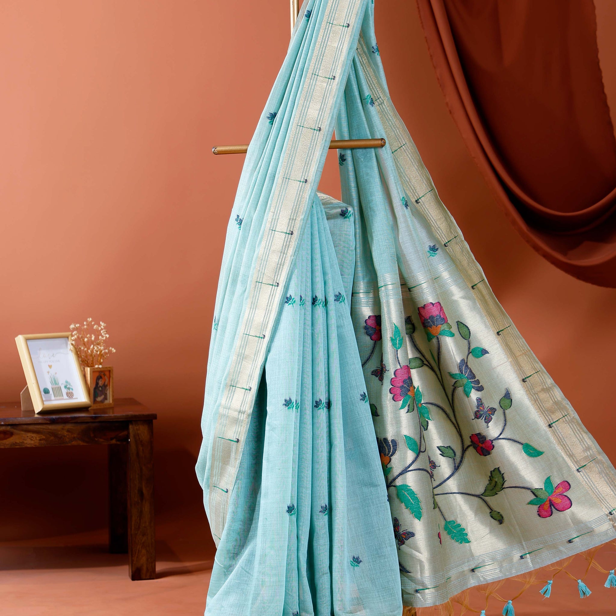 Handwoven Paithani Saree with Zari Border and Intricate Floral Embroidery on Pallu - Blue