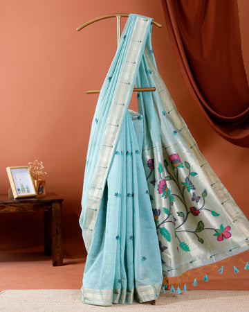 Handwoven Paithani Saree with Zari Border and Intricate Floral Embroidery on Pallu - Blue