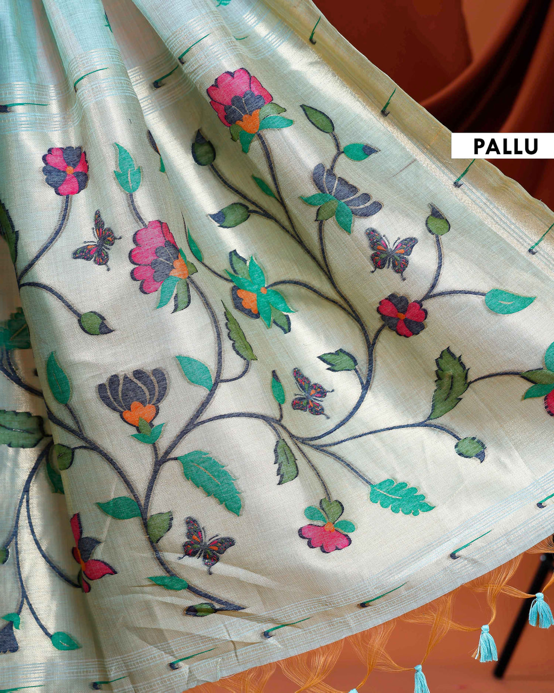 Handwoven Paithani Saree with Zari Border and Intricate Floral Embroidery on Pallu - Blue