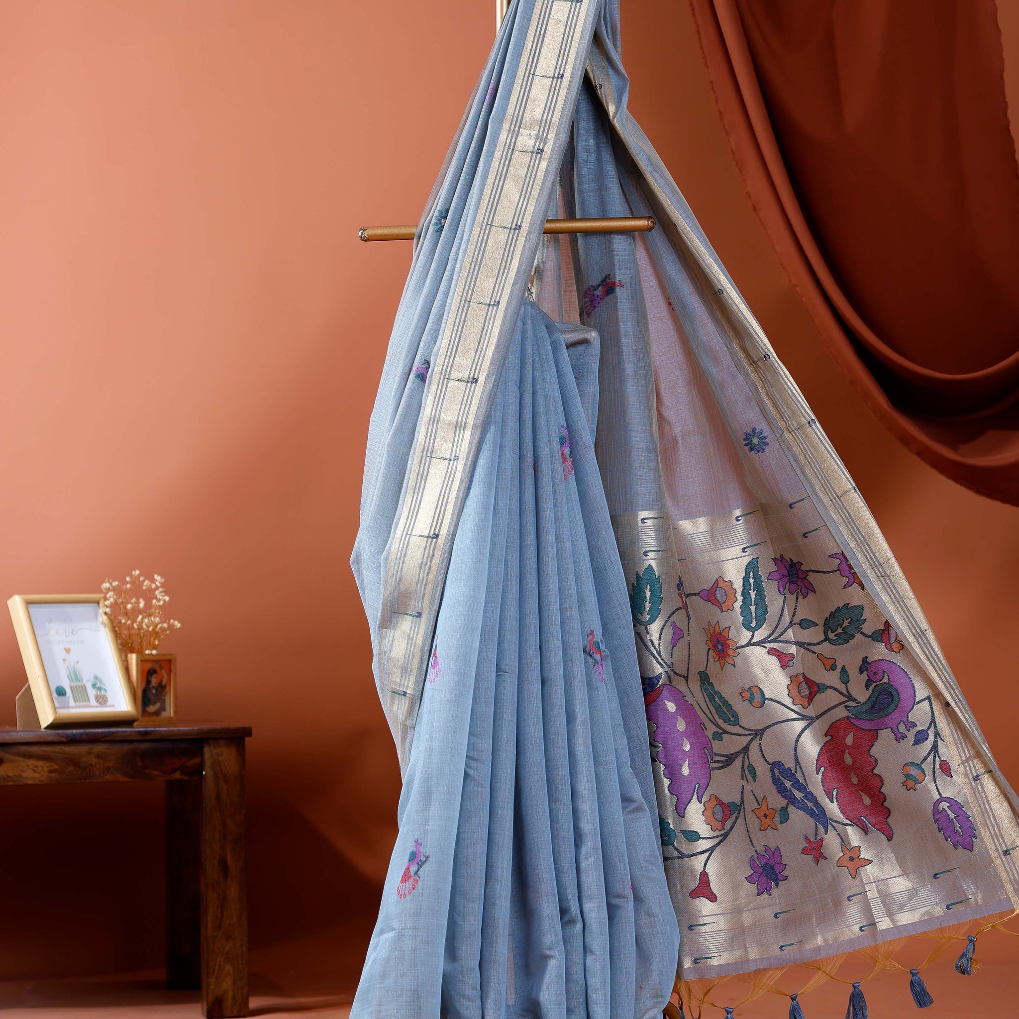 Exquisite Handloom Paithani Saree with Intricate Floral & Peacock Motifs and Zari Border - Grey