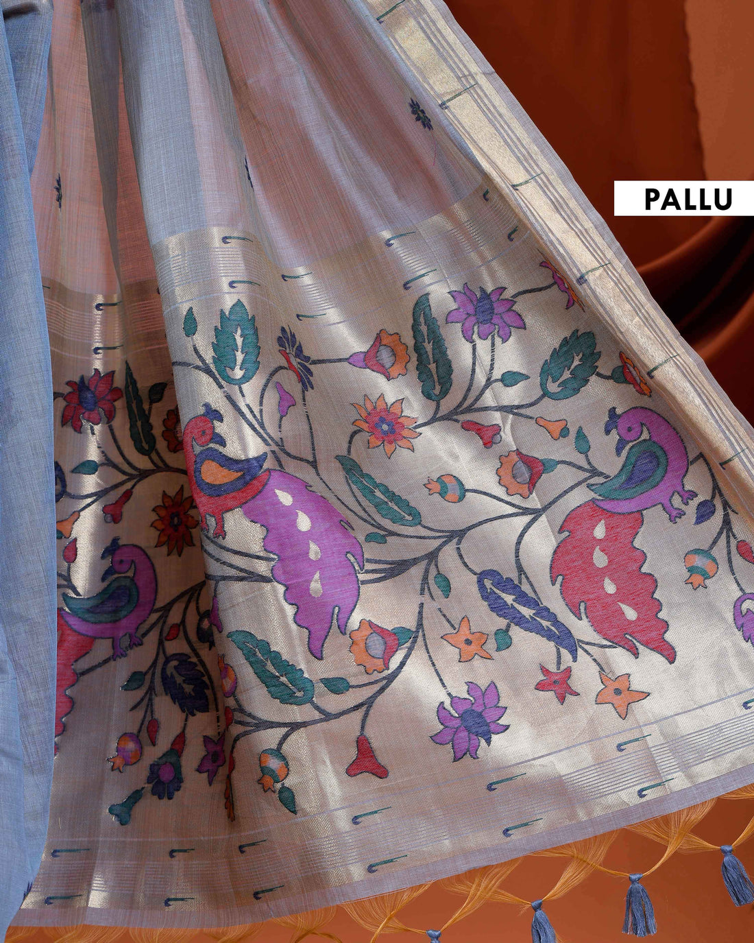 Exquisite Handloom Paithani Saree with Intricate Floral & Peacock Motifs and Zari Border - Grey
