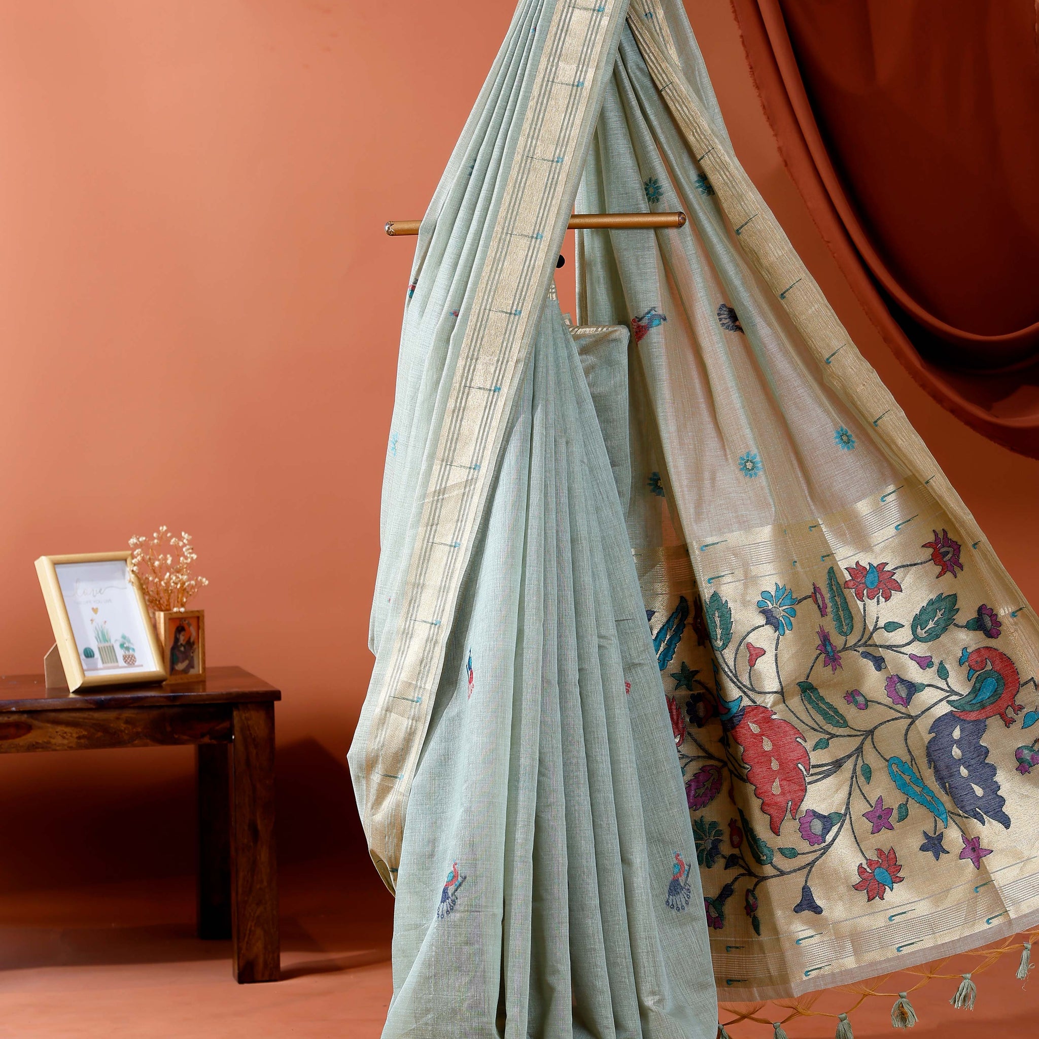 Exquisite Handloom Paithani Saree with Intricate Floral & Peacock Motifs and Zari Border - Green