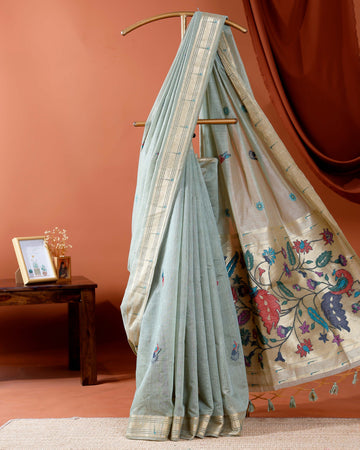 Exquisite Handloom Paithani Saree with Intricate Floral & Peacock Motifs and Zari Border - Green