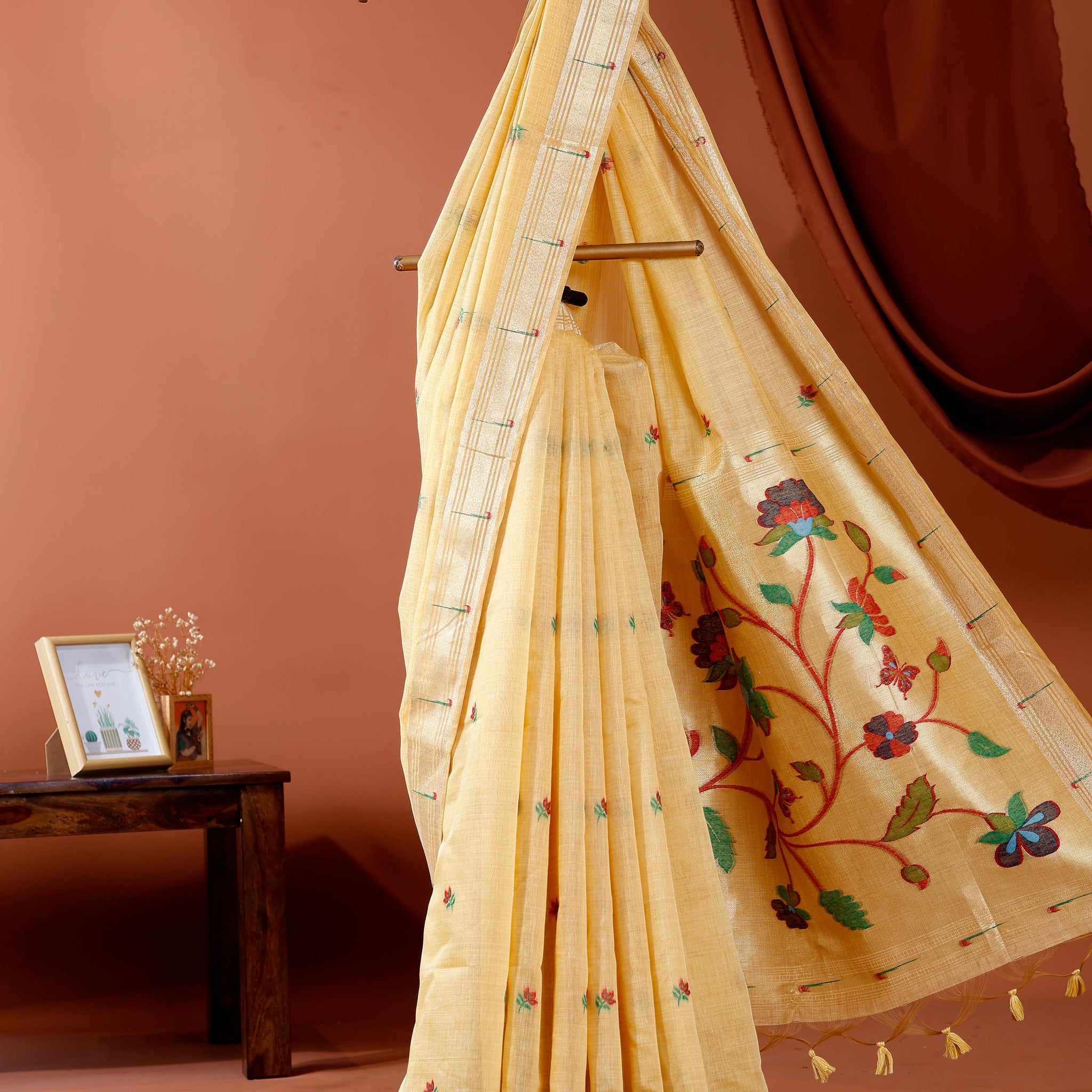 Handwoven Paithani Saree with Zari Border and Intricate Floral Embroidery on Pallu - Yellow