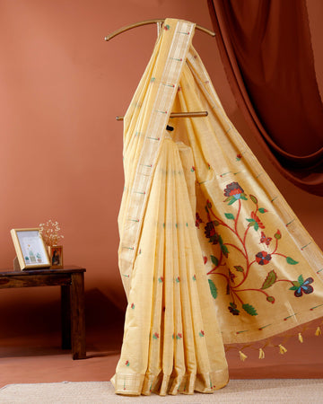 Handwoven Paithani Saree with Zari Border and Intricate Floral Embroidery on Pallu - Yellow