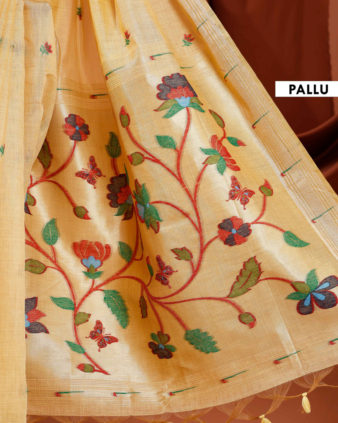 Handwoven Paithani Saree with Zari Border and Intricate Floral Embroidery on Pallu - Yellow