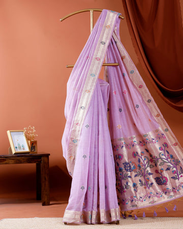 Handwoven Paithani Saree with Intricate Zari Work and Floral Motifs - Lavender