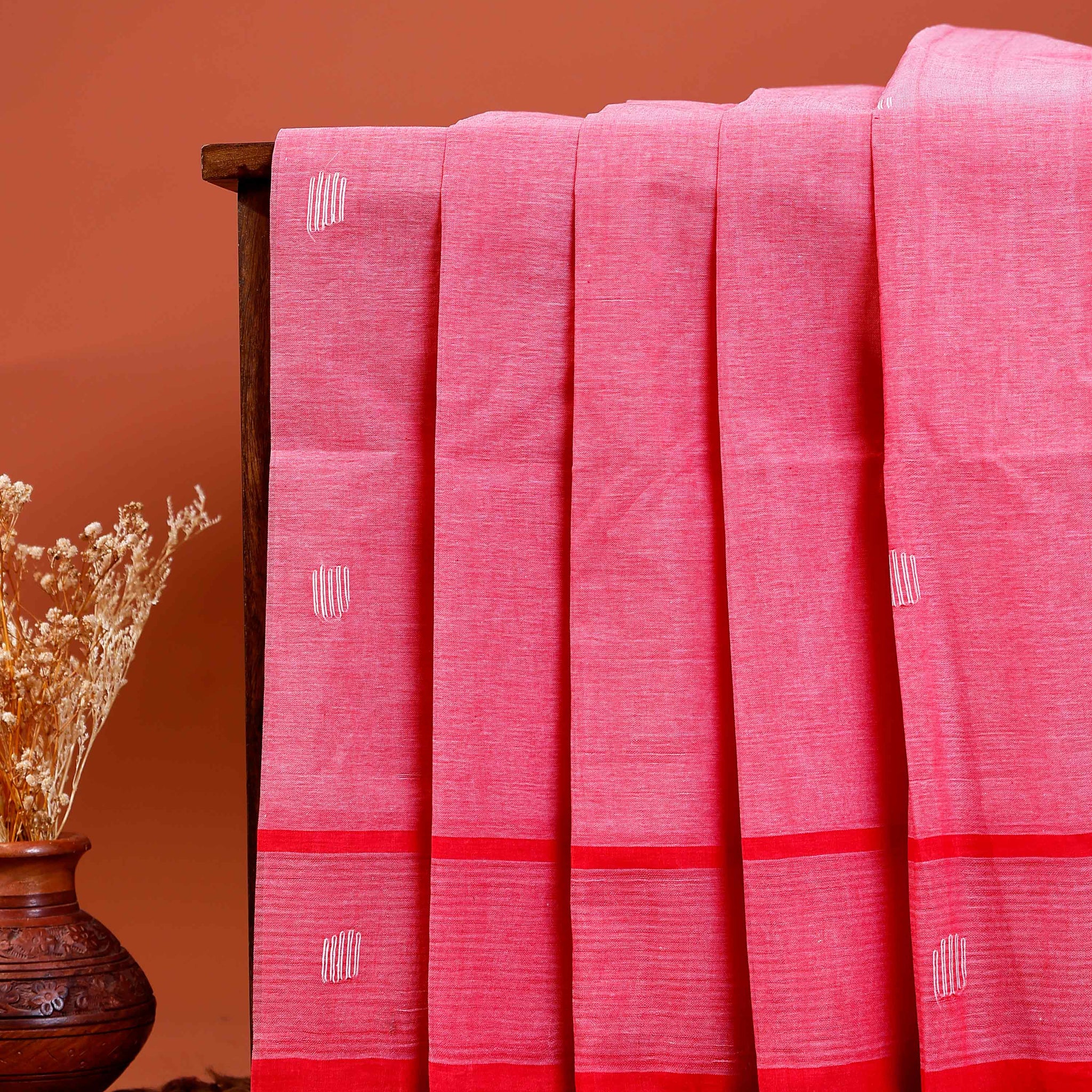Handloom Khadi Cotton Saree with Woven Motifs and Contrast Border - Pink