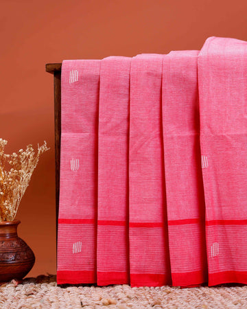 Handloom Khadi Cotton Saree with Woven Motifs and Contrast Border - Pink