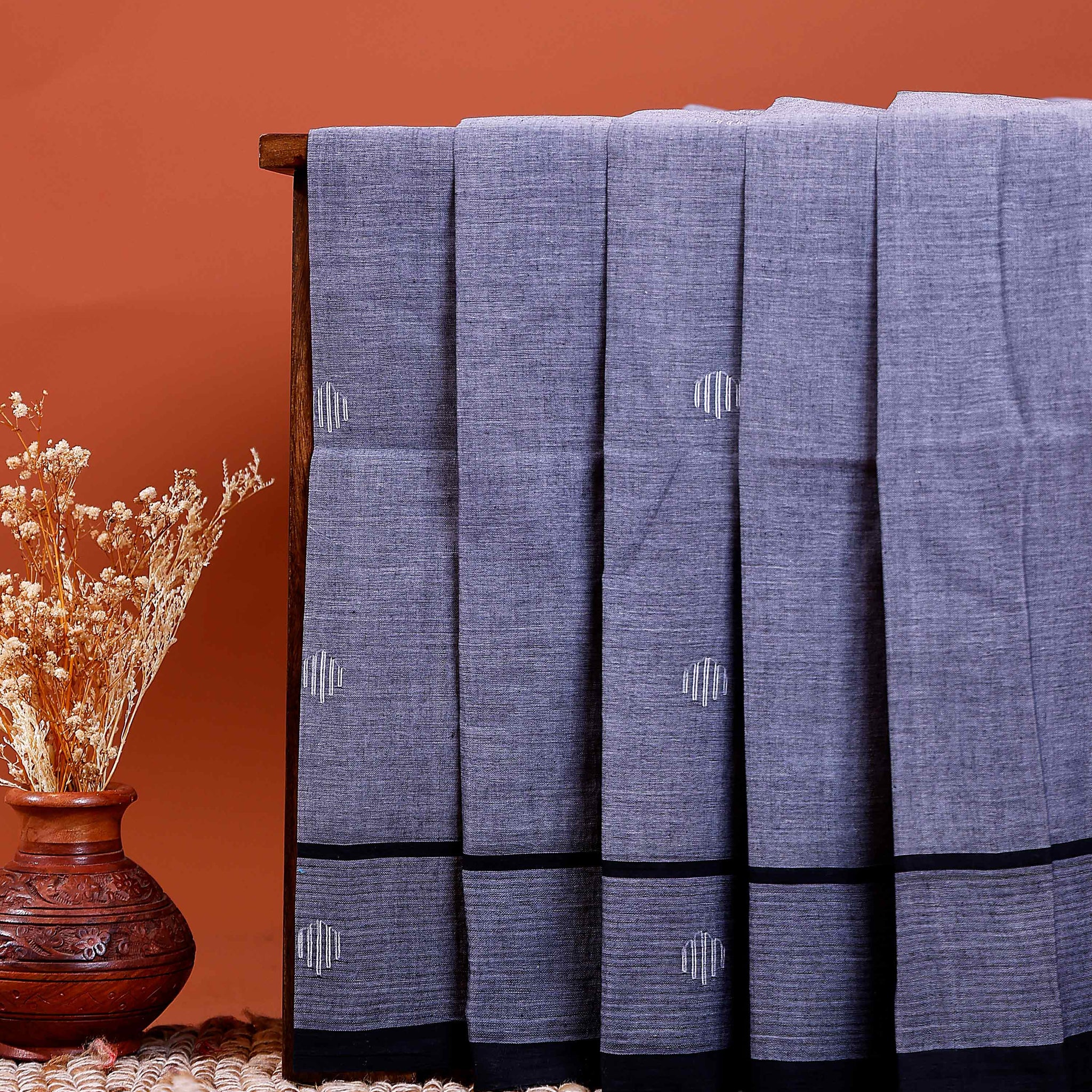 Handloom Khadi Cotton Saree with Woven Motifs and Contrast Border - Grey