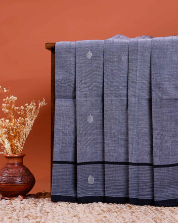 Handloom Khadi Cotton Saree with Woven Motifs and Contrast Border - Dark Grey