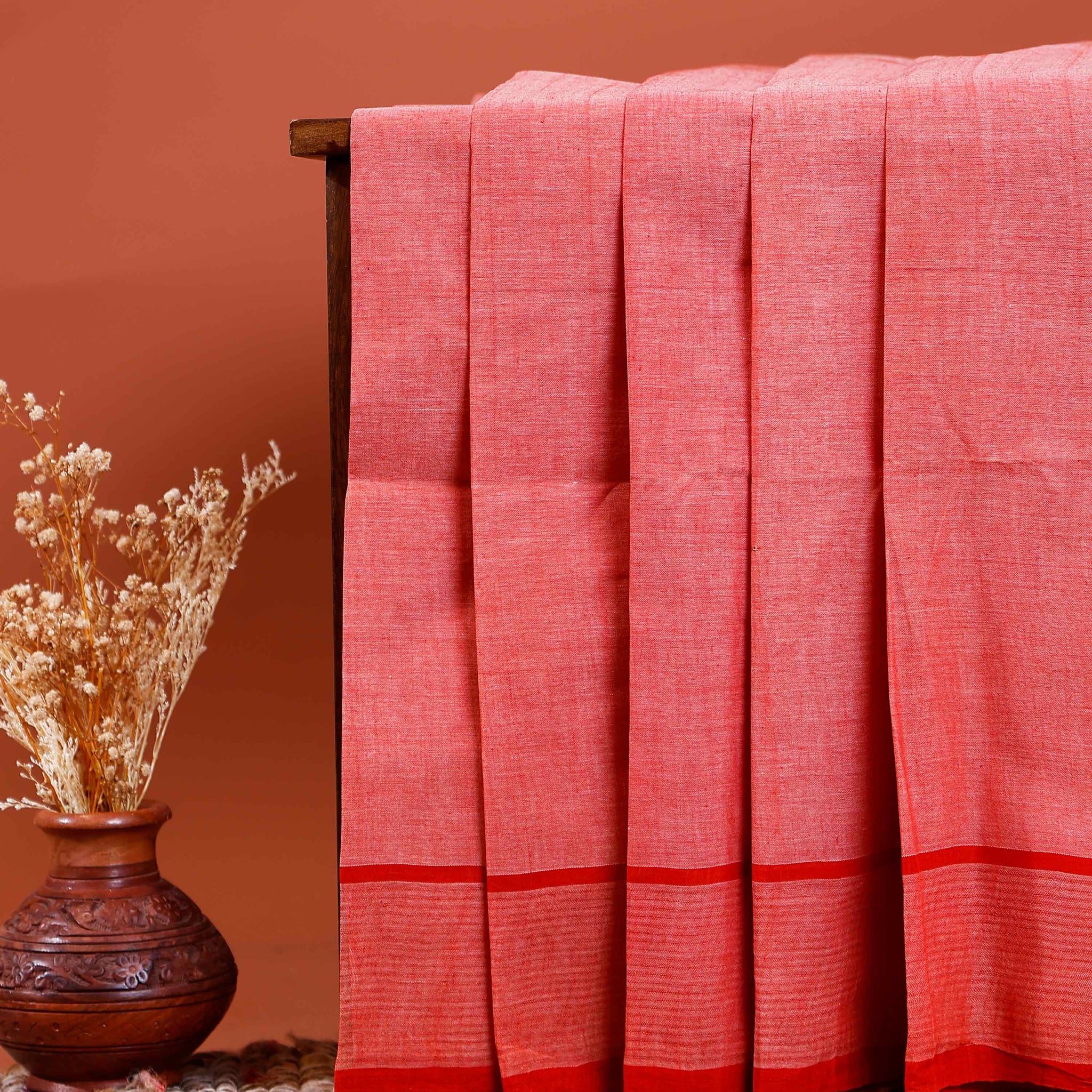 Handwoven Khadi Cotton Saree with Subtle Border Detail - Red