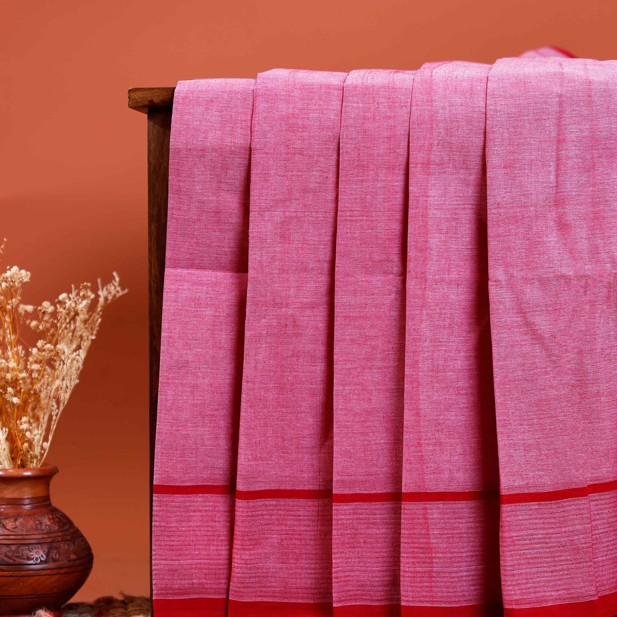 Handwoven Khadi Cotton Saree with Subtle Border Detail - Dark Pink
