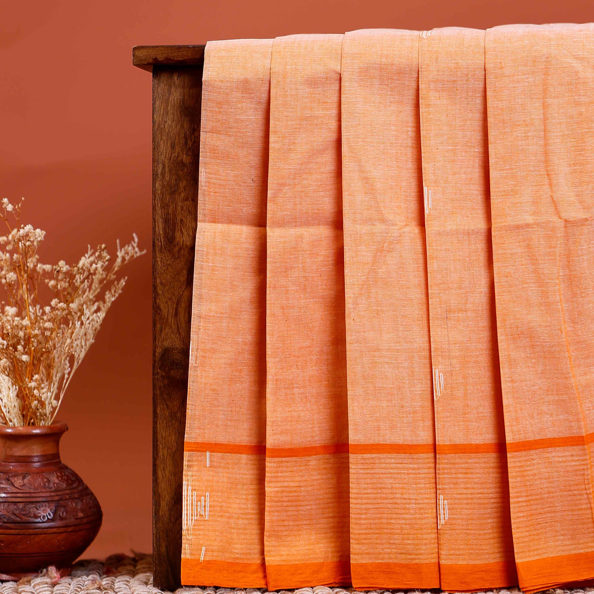 Handwoven Khadi Cotton Saree with Subtle Border Detail  - Orange