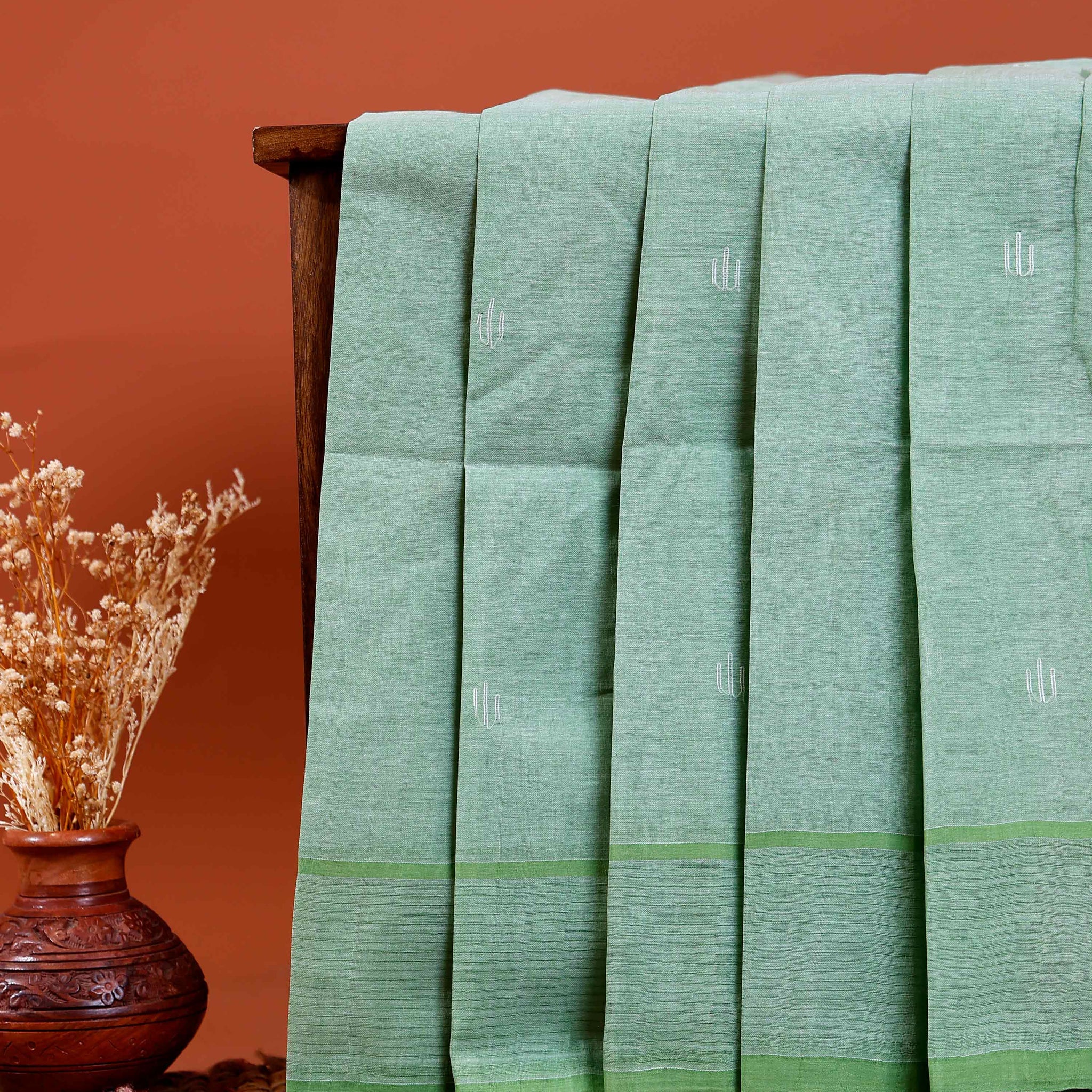 Handwoven Khadi Cotton Saree with Subtle Border Detail  - Green