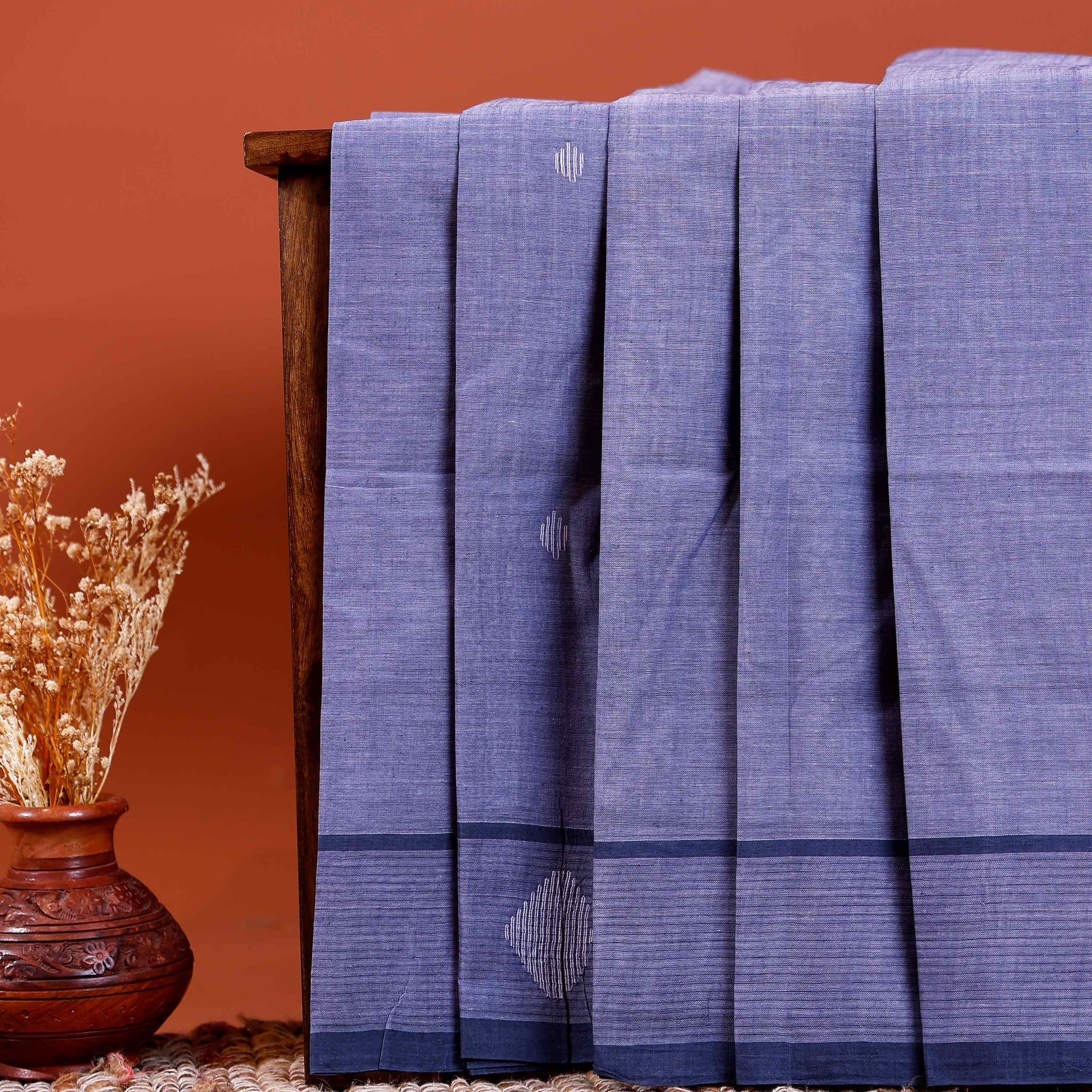 Handwoven Khadi Cotton Saree with Subtle Border Detail  - Dark Blue