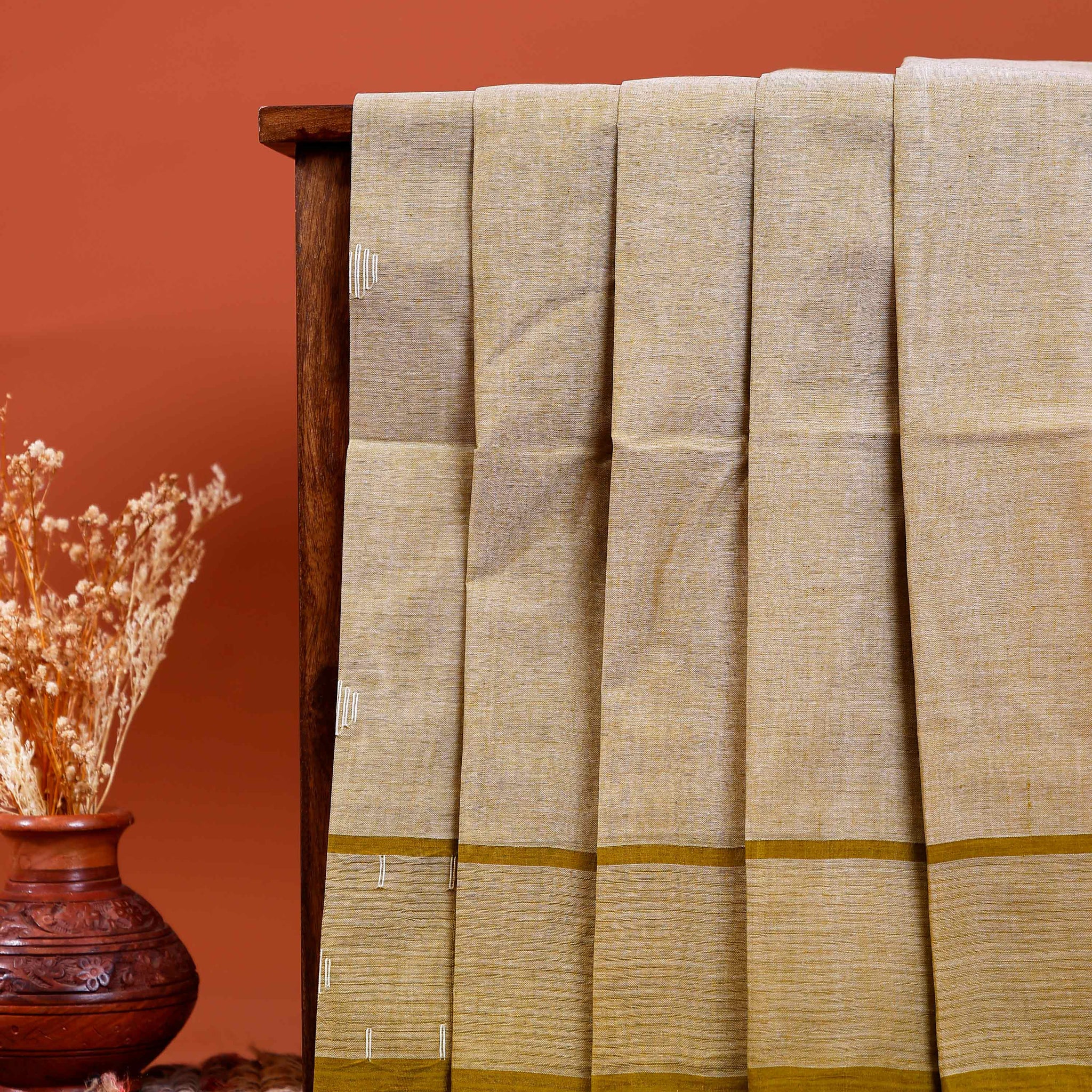Handwoven Khadi Cotton Saree with Subtle Border Detail  - Olive Green