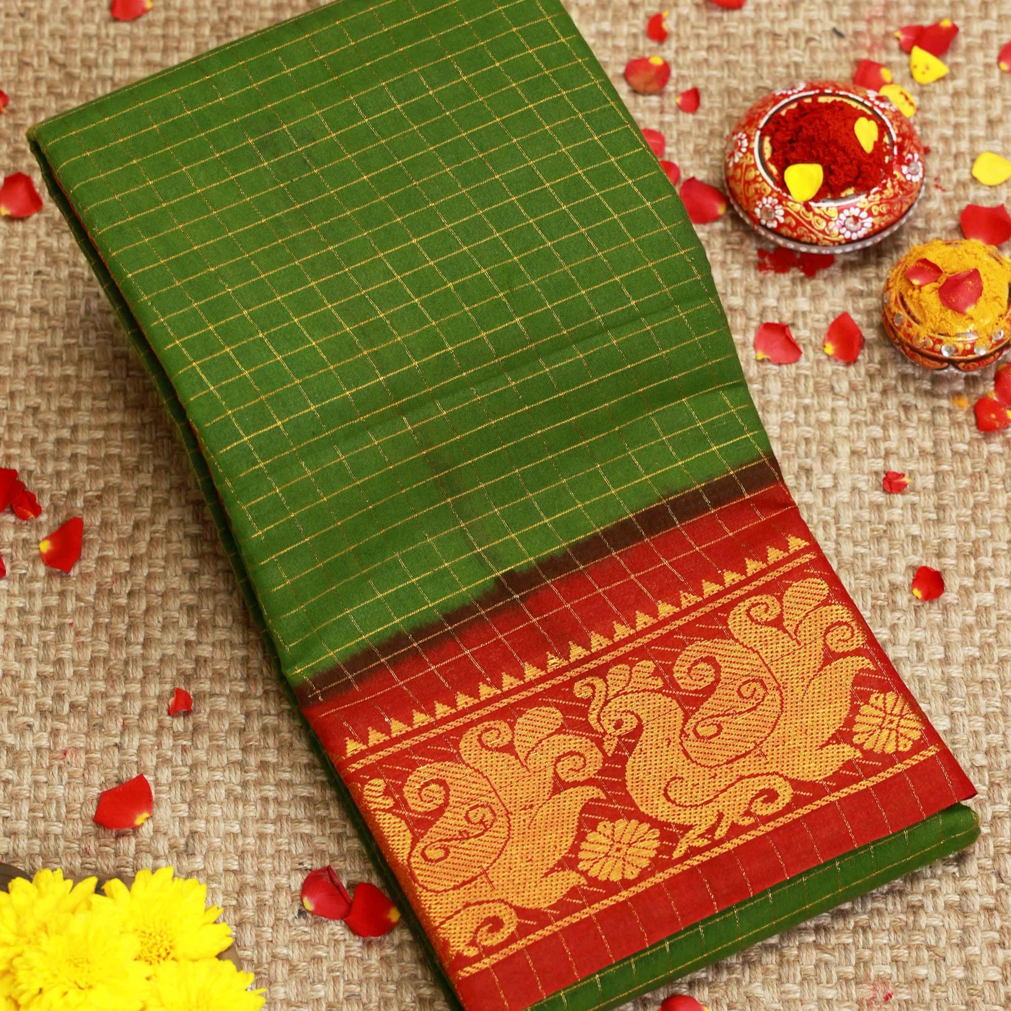 Traditional Sungudi Cotton Saree with Checked Pattern and Rich Zari Peacock Border - Green