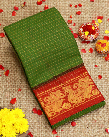 Traditional Sungudi Cotton Saree with Checked Pattern and Rich Zari Peacock Border - Green
