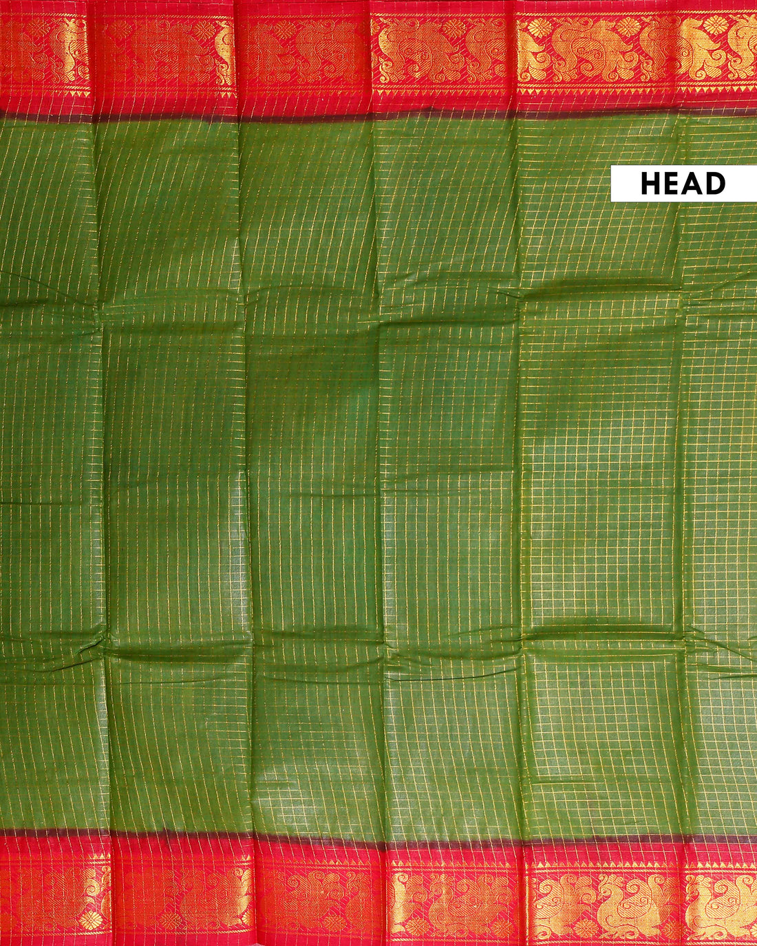 Traditional Sungudi Cotton Saree with Checked Pattern and Rich Zari Peacock Border - Green