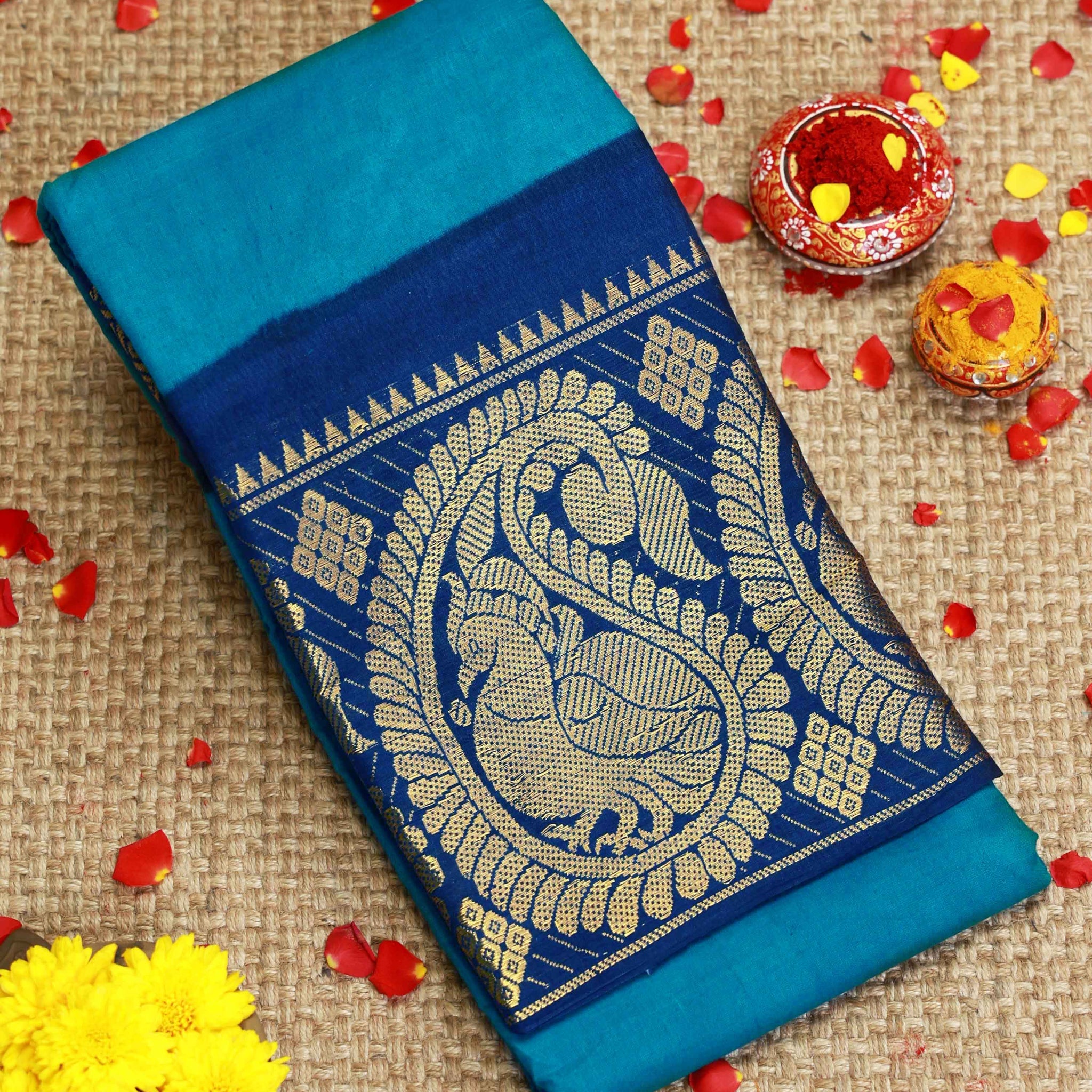 Traditional Sungudi Cotton Saree with Checked Weave and Intricate Zari Peacock Border - Blue